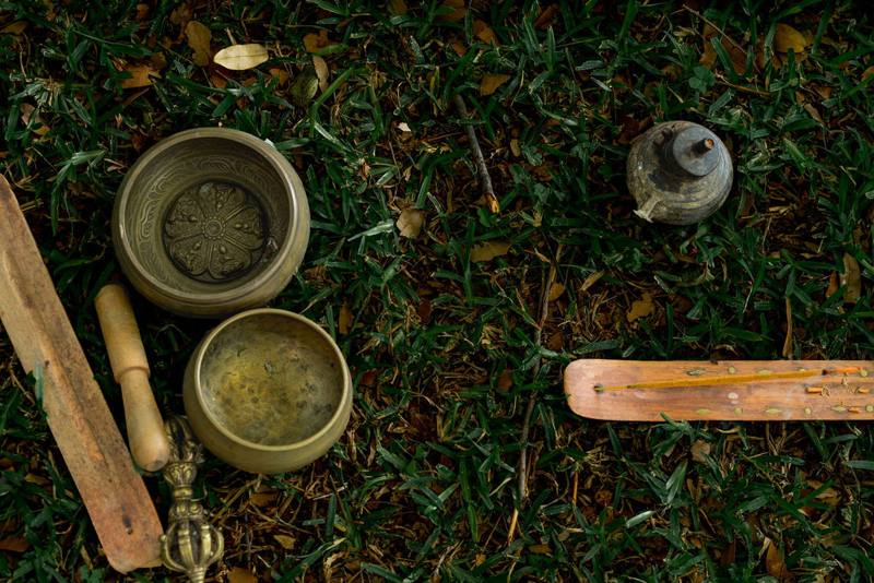 Brass singing bowls and small tools